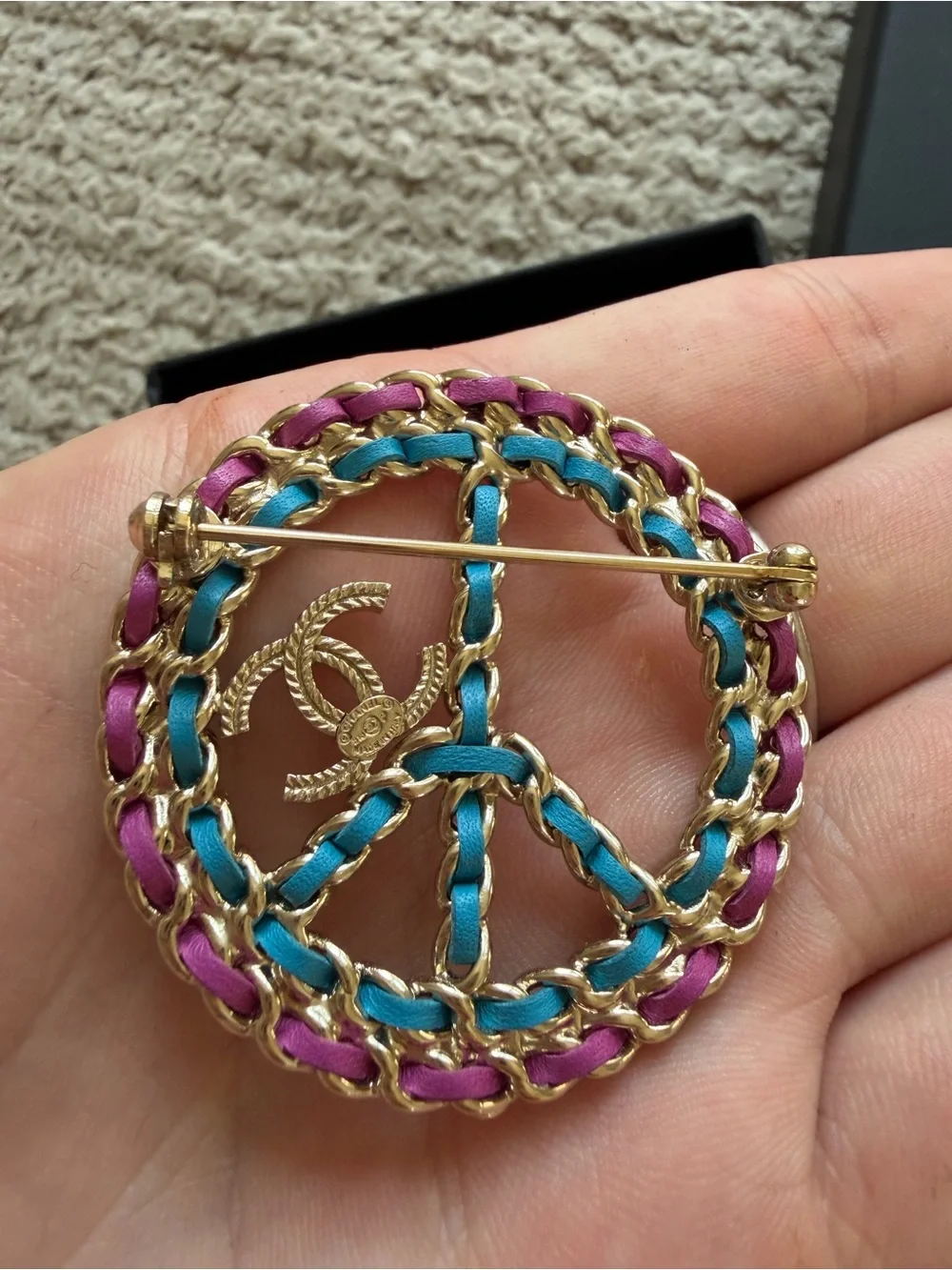 CHANEL Gold-Tone Multicolor Peace Sign Brooch - Pink, Purple, Blue